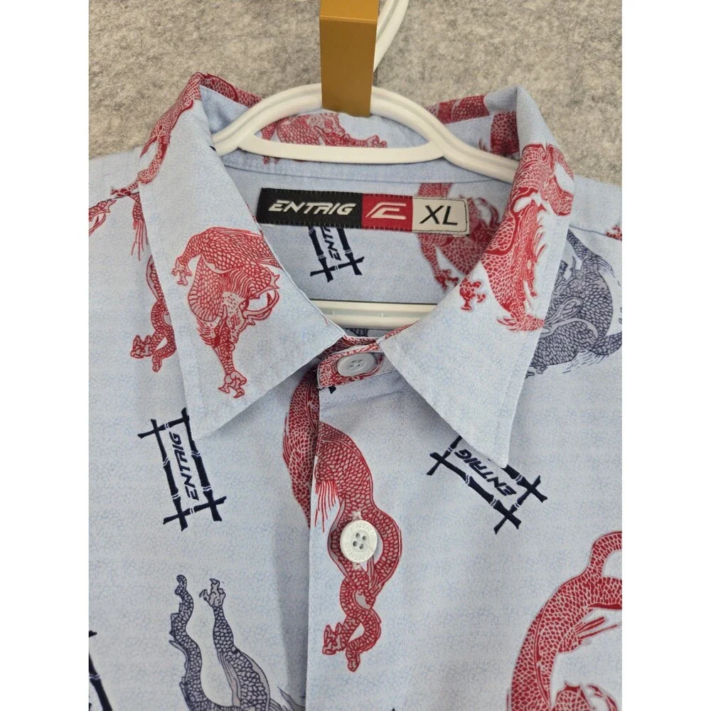 Vintage ENTRIG Dragons Asian Short Sleeve Button Front Casual Shirt Men's XL Y2K